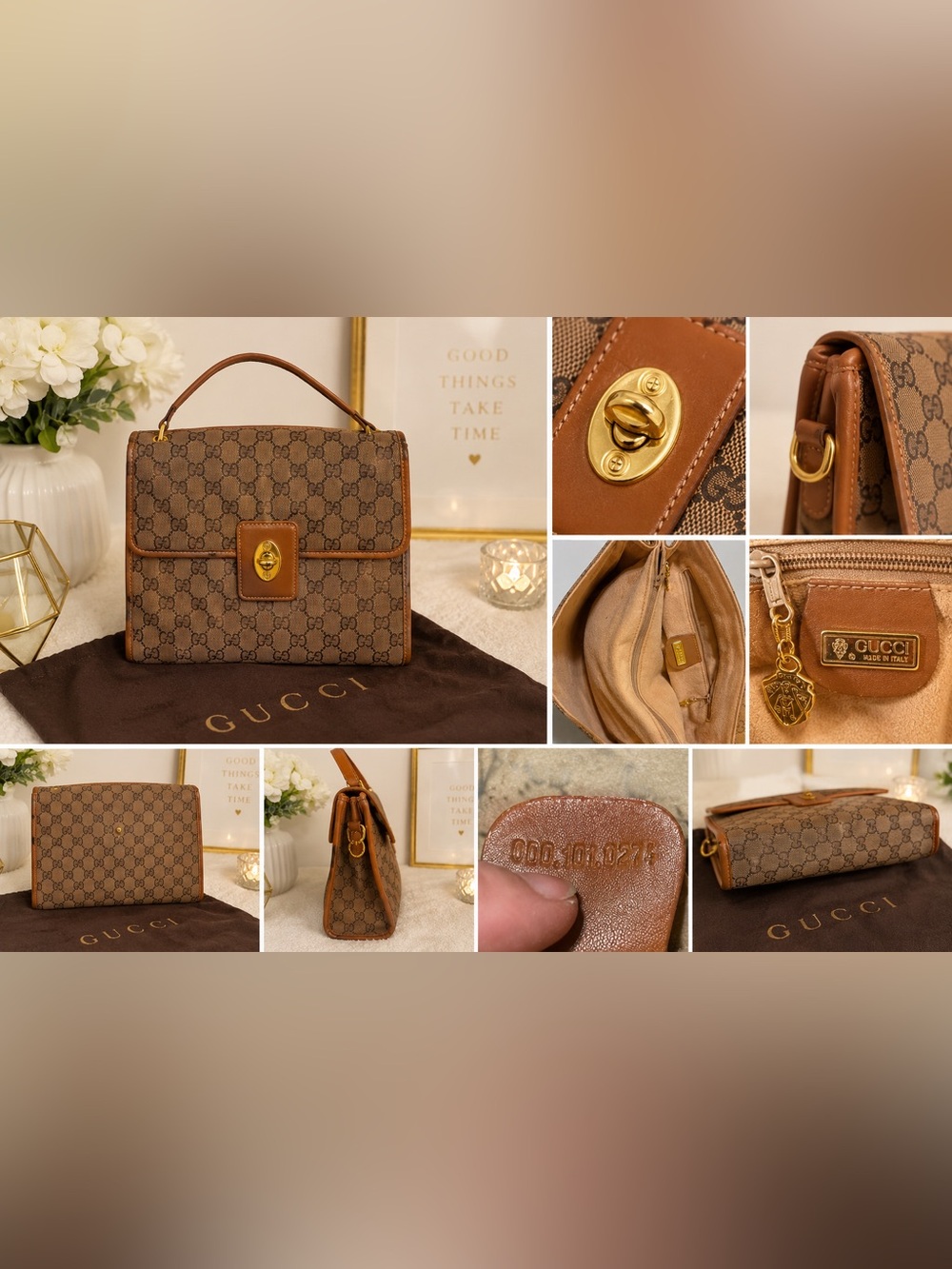 Gucci Tan Brown Monogram Leather Bag with Embossed Serial